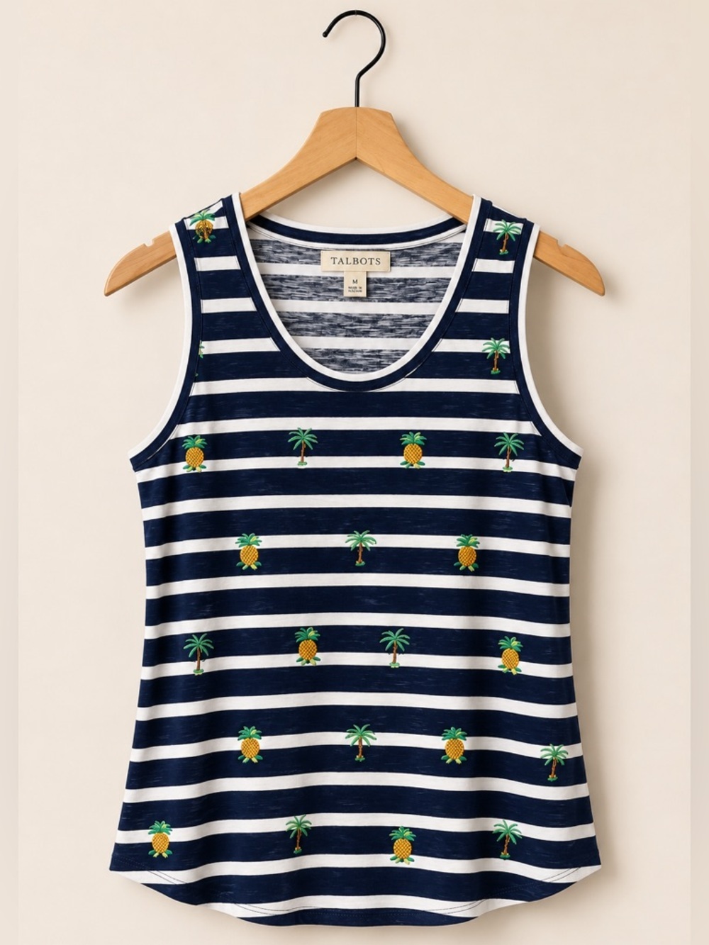 Talbots 100% Cotton Striped Tank with Pineapple and Palm Embroidery (310)